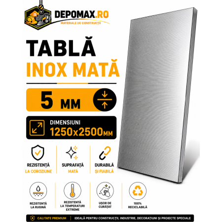 Tabla inox mata AISI 304 2B, 5 x 1250 x 2500 mm, 3.125 mp